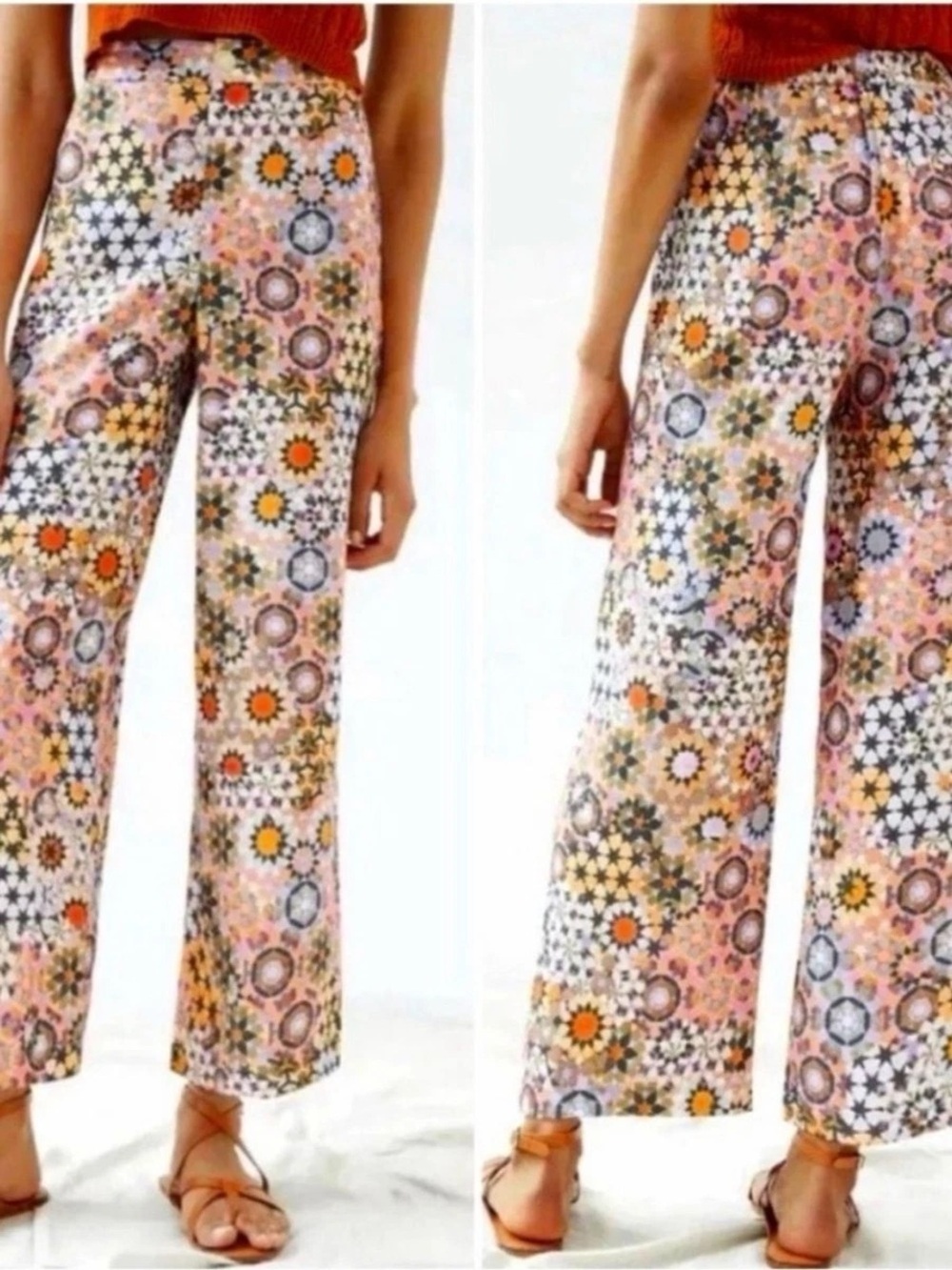 Anthropologie Wide Leg Floral Mosaic Pants in Pink, Orange, Blue
